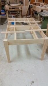 Sub-frame for a 2 metre diameter drop leaf dining table. Notice the drawer front follows the grain of the end rail.